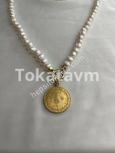 Altın kaplama gümüş aparatlı inci kolye